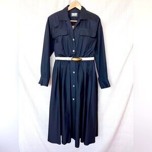 Vintage DKNY Poplin Shirt Dress Black Pockets Shirtwaist Dress Minimalist Rare